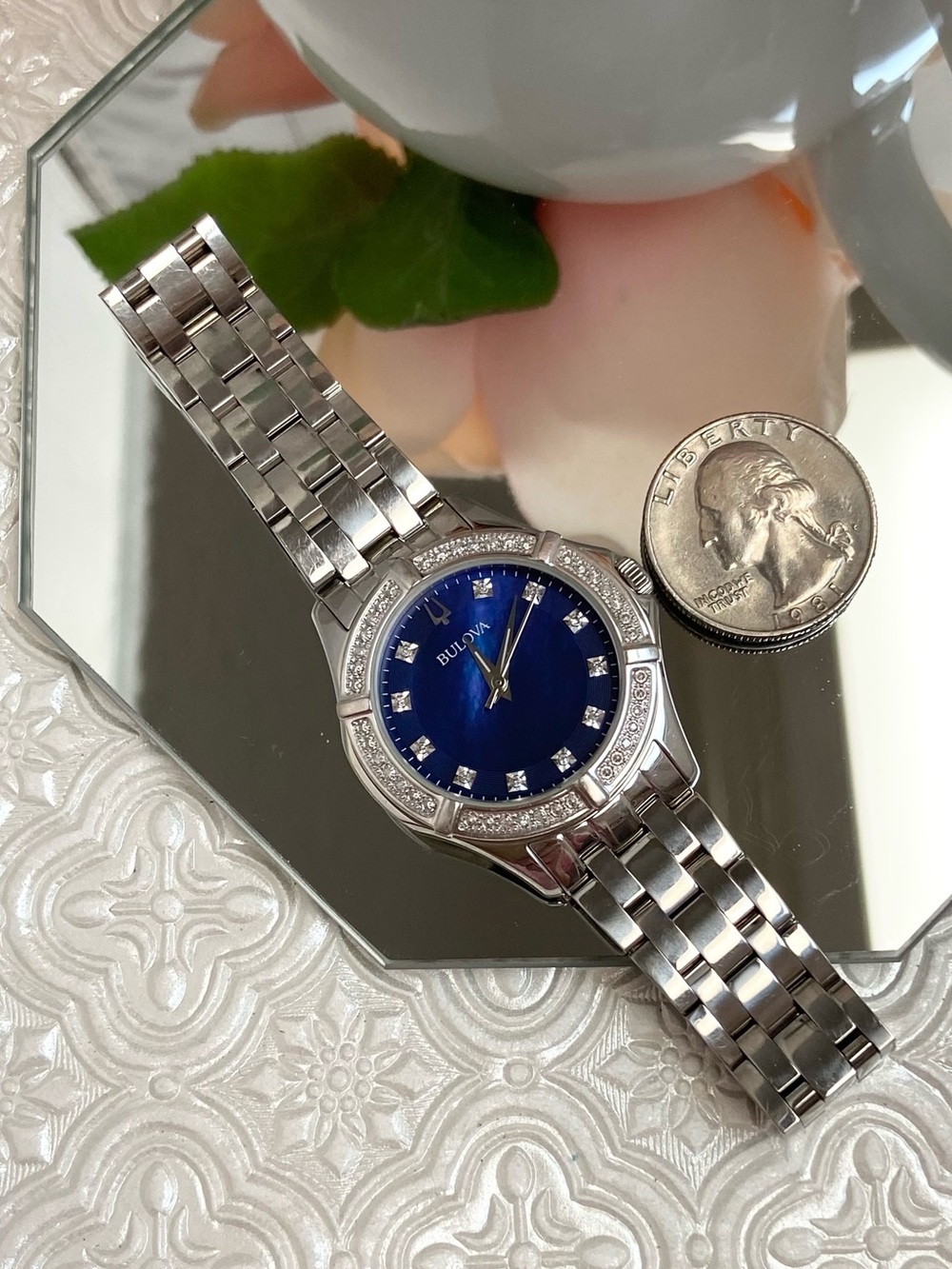 Bulova Diamond Accented Bezel & Dial Blue Mother of Pearl Dial Stainless Watch - Picture 9 of 16